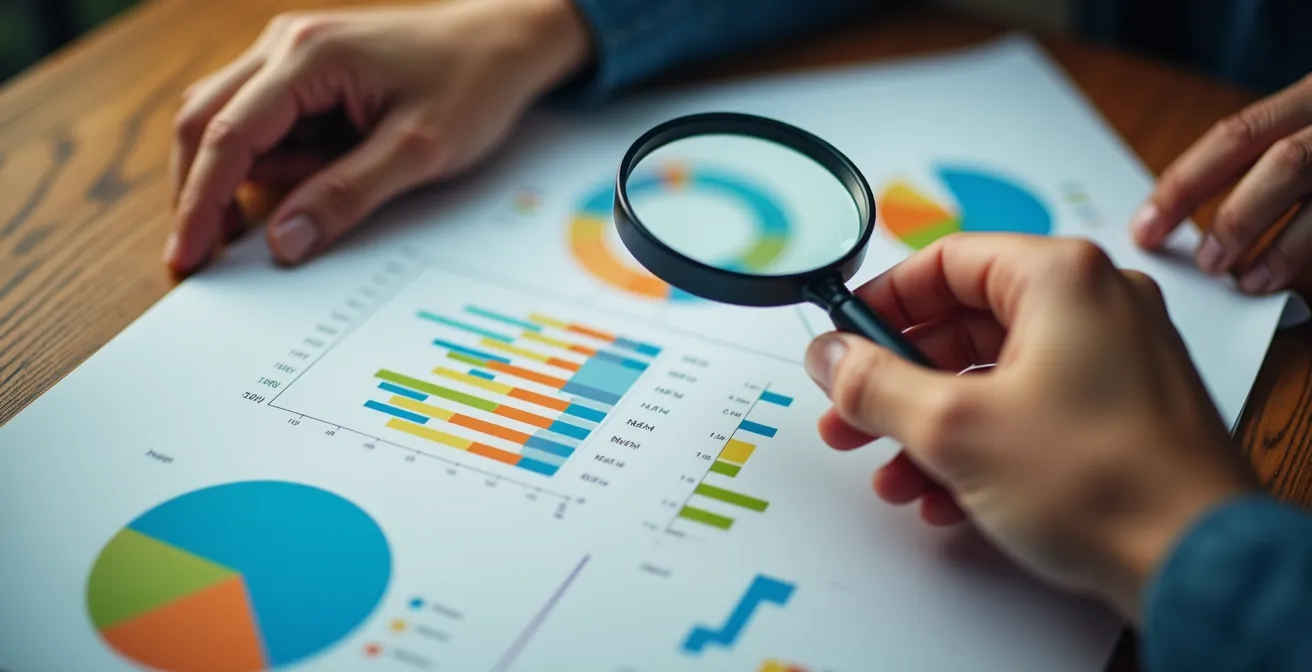 Gros plan sur des mains analysant des graphiques colorés avec une loupe