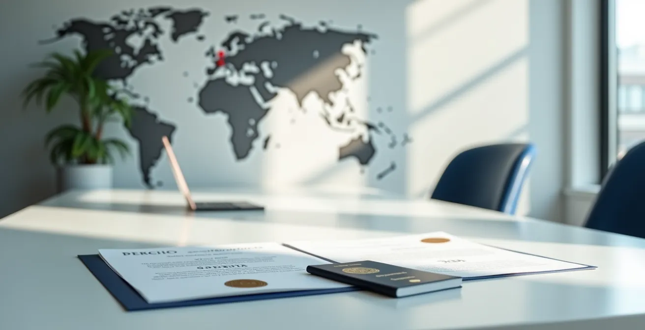 Diplôme français avec tampons de reconnaissance internationale symbolisant sa portabilité.
