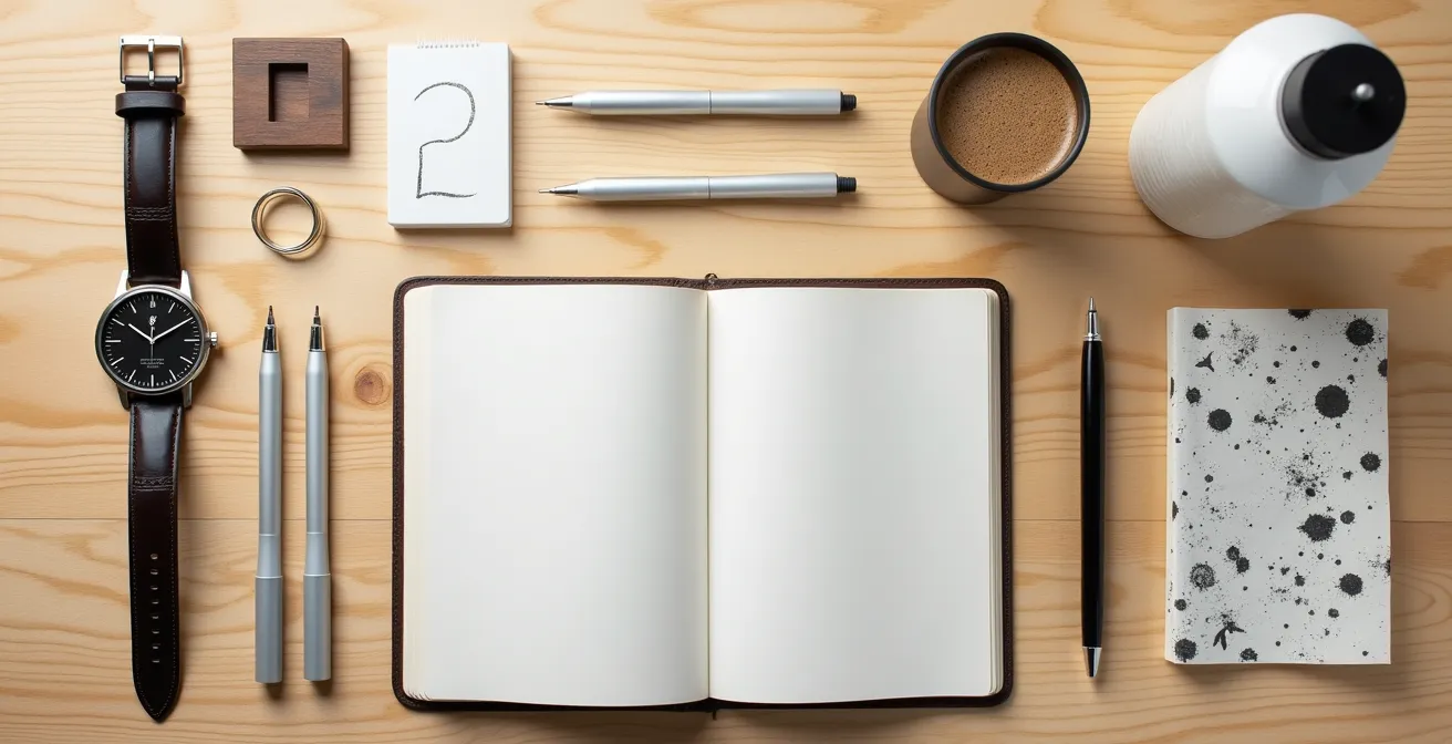 Kit de matériel essentiel pour l'épreuve du bac disposé sur une table