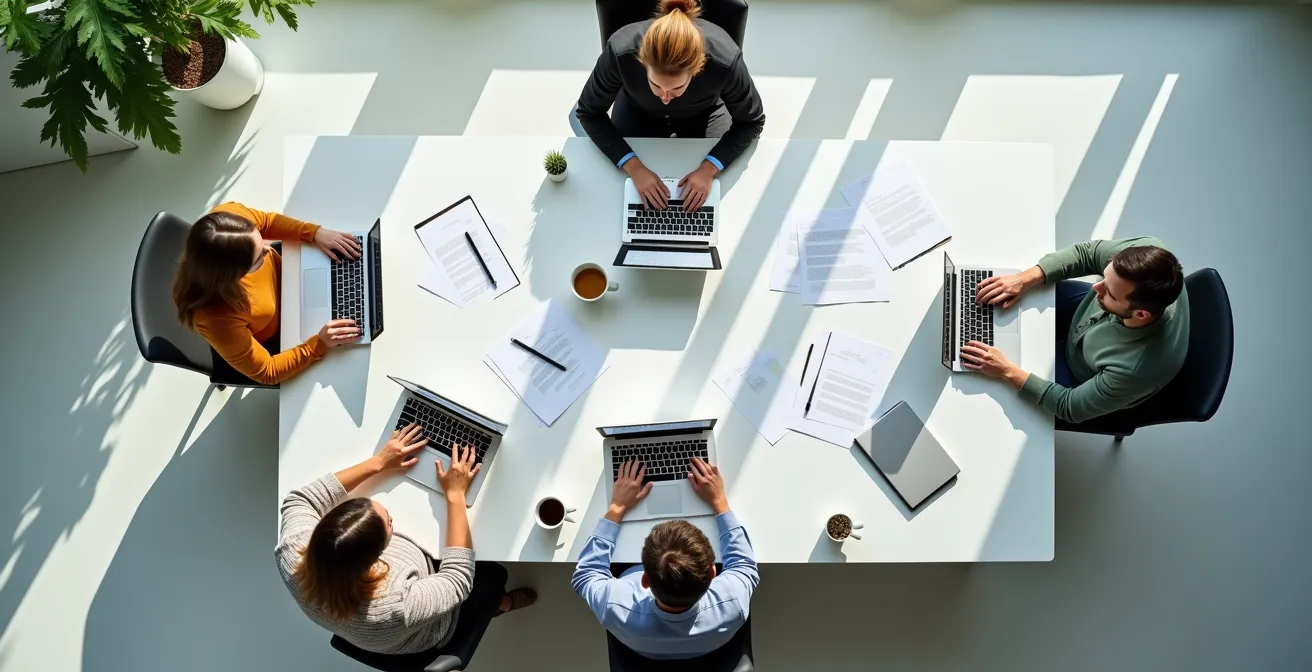 Vue en plongée d'un espace de coworking moderne avec plusieurs jeunes professionnels collaborant autour d'une table