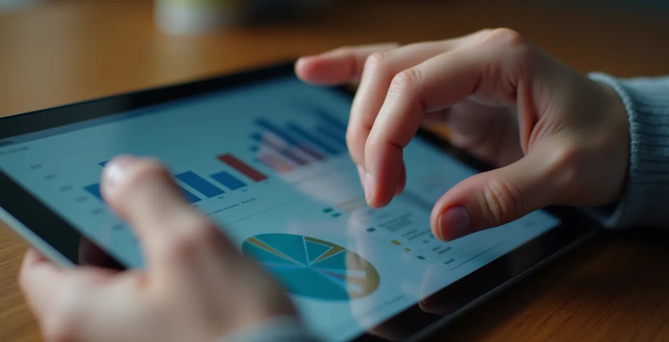 Vue rapprochée de mains tenant une tablette avec des graphiques abstraits et des formes géométriques floues, évoquant l'analyse de données