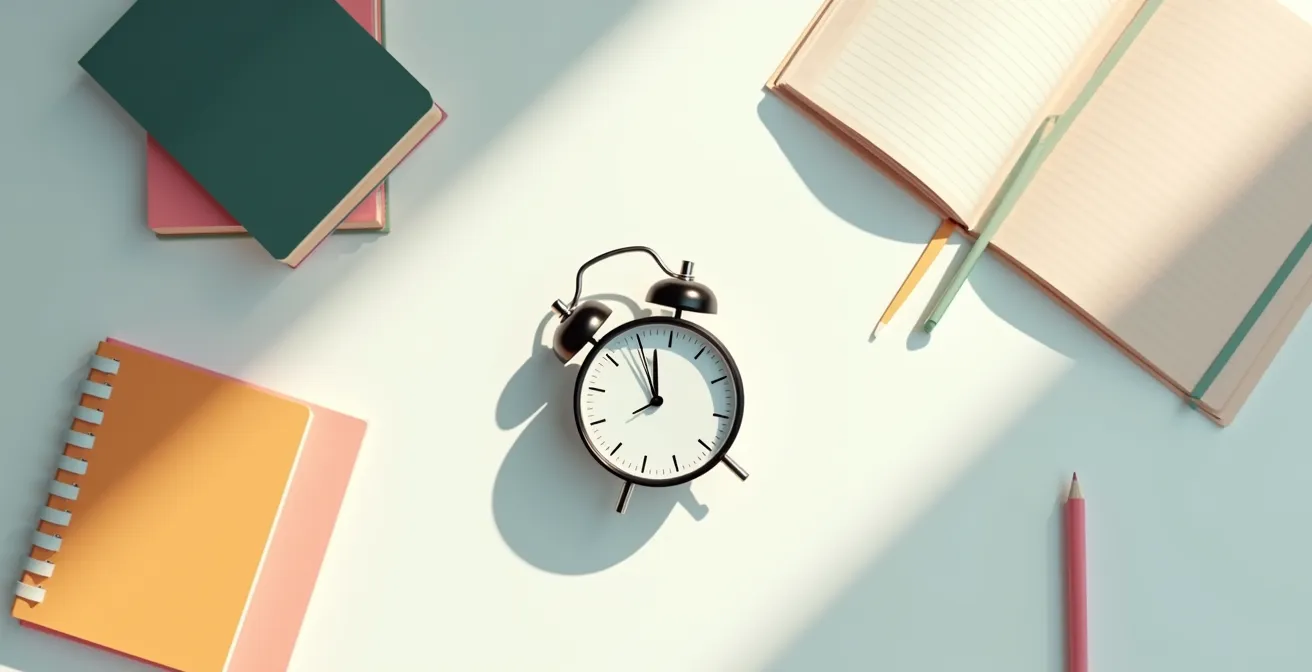 Vue aérienne minimaliste d'un bureau avec chronomètre et documents de révision organisés par priorité