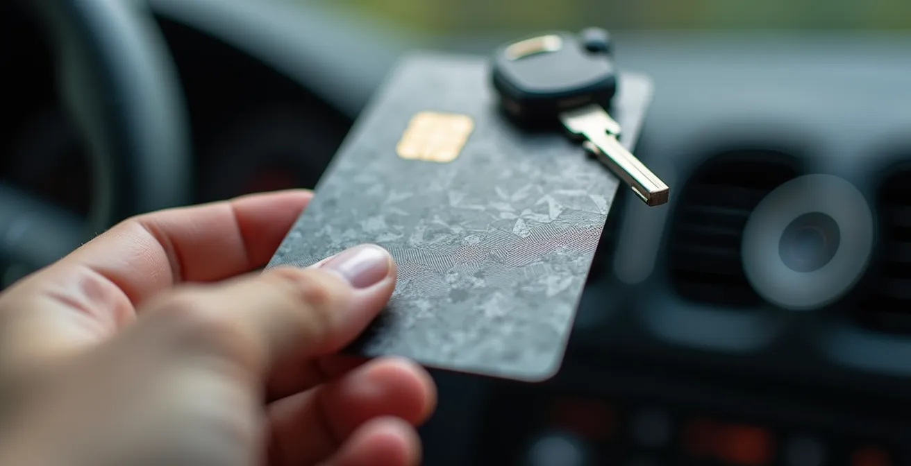 Main tenant une carte d'étudiant des métiers avec des clés de voiture floues en arrière-plan