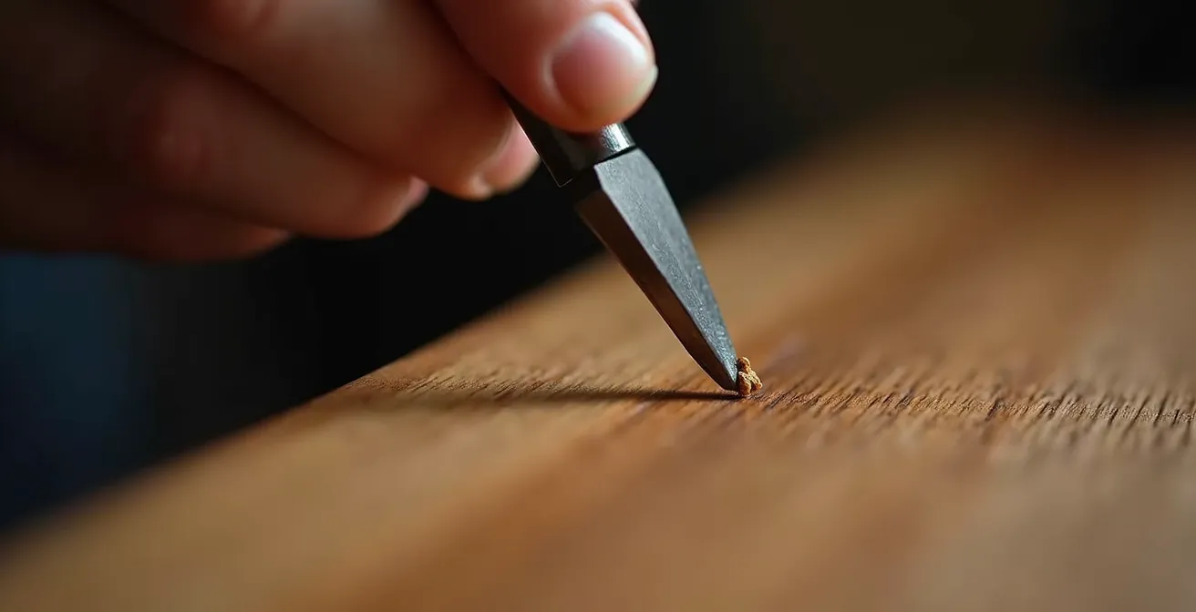 Artisan ébéniste travaillant avec précision sur une pièce de bois dans son atelier