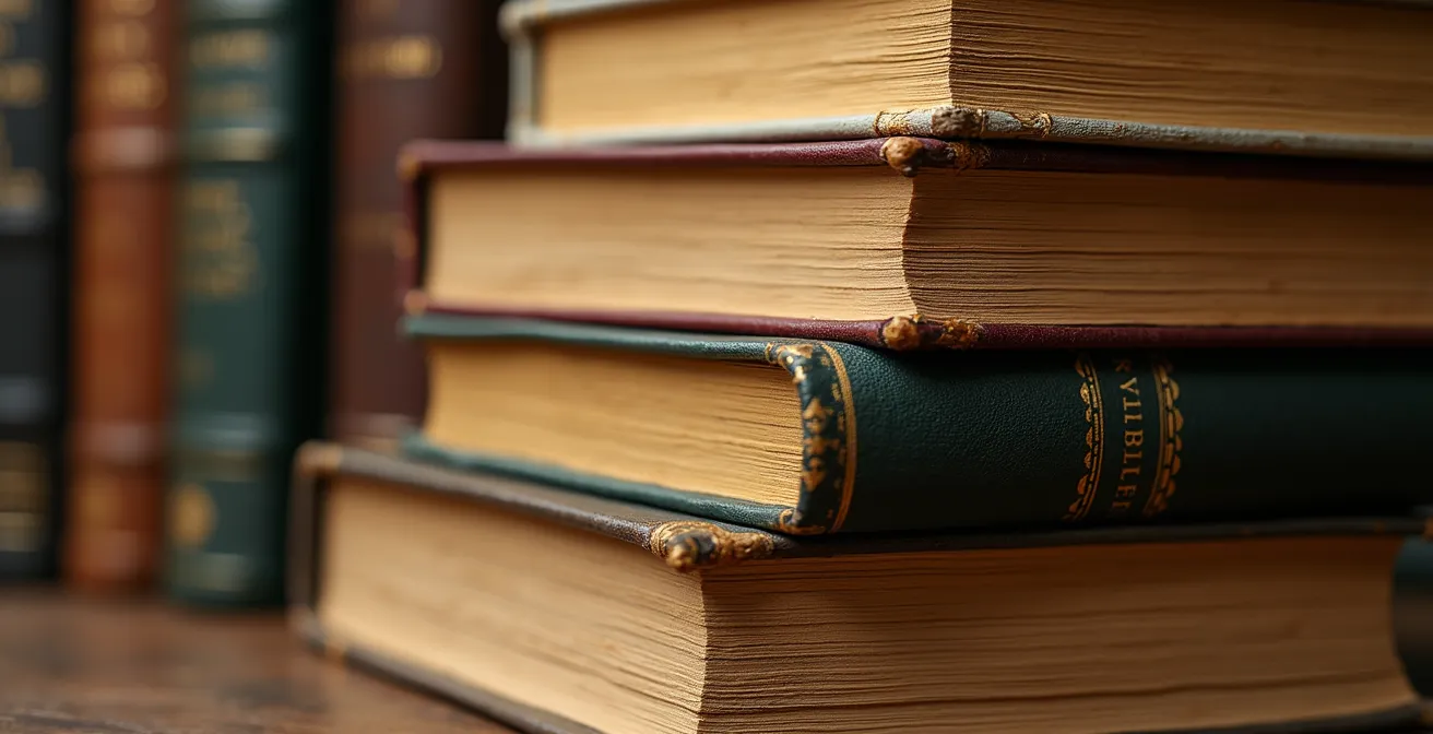 Vue macro de livres scientifiques et philosophiques empilés avec textures visibles