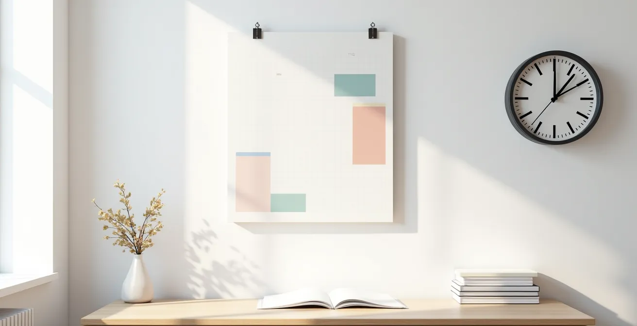 Vue minimaliste d'un bureau avec un calendrier mural aux pages abstraites et une horloge murale, évoquant la gestion du temps
