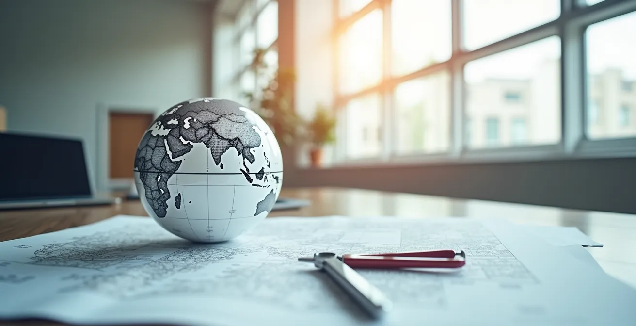 Carte du monde avec des interconnexions technologiques symbolisant la géopolitique de l'ingénierie