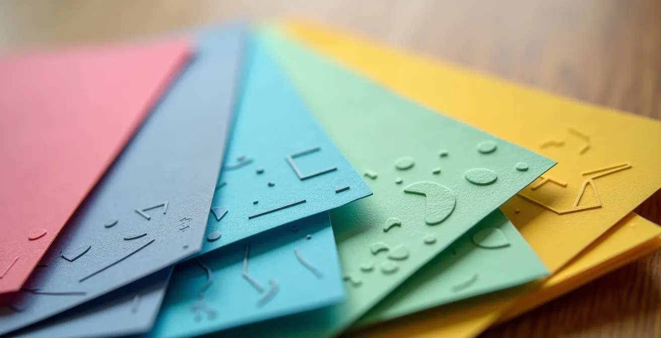 Vue macro d'un système de fiches colorées organisées pour la révision avec des marqueurs et des post-its