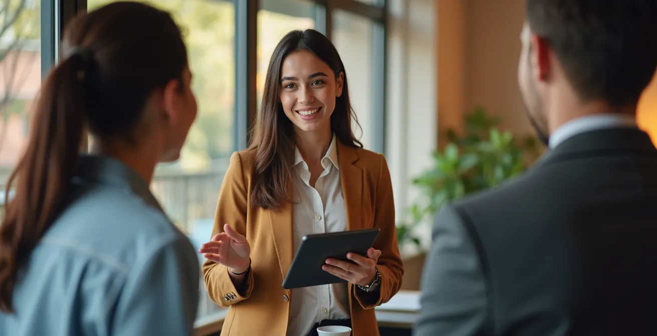 Jeune stagiaire présentant un projet innovant à son équipe dans une salle de réunion moderne