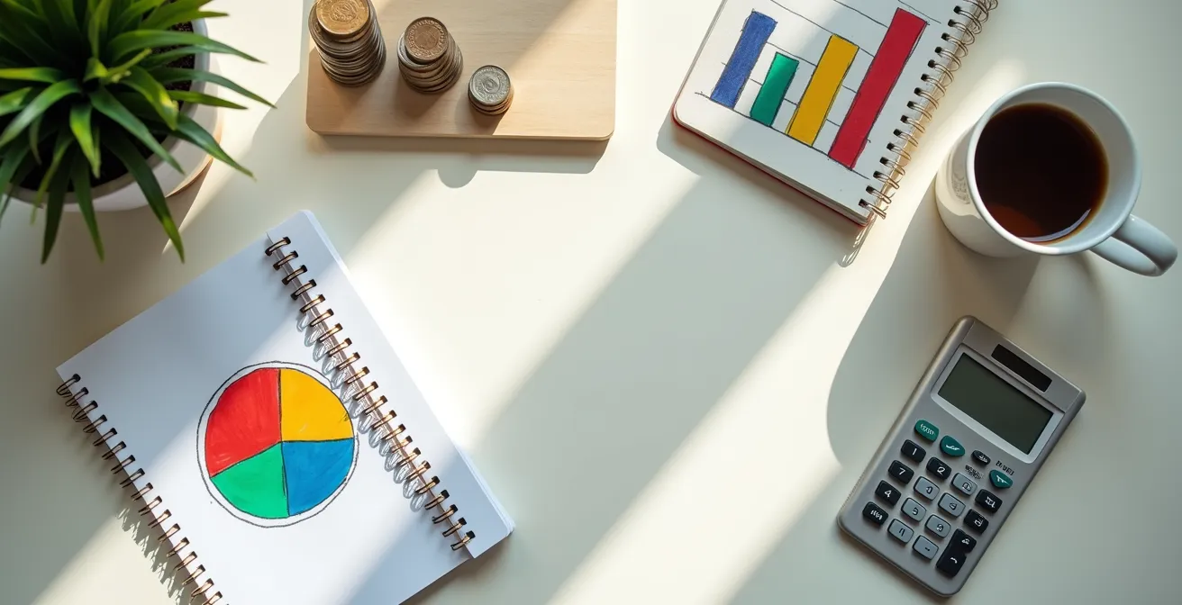 Vue plongeante sur un bureau avec calculatrice, cahier de comptes et smartphone affichant des graphiques