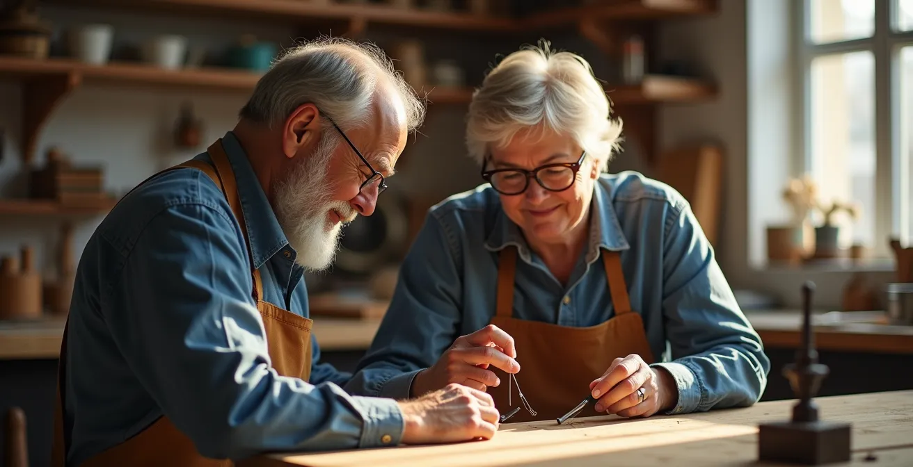 Jeune stagiaire observant attentivement un professionnel en action dans un atelier artisanal lumineux