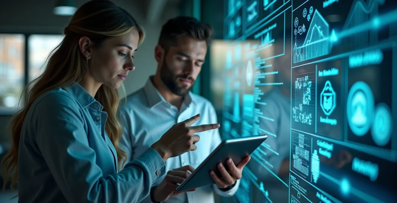 Ingénieurs analysant des données environnementales avec des outils d'IA dans un laboratoire moderne