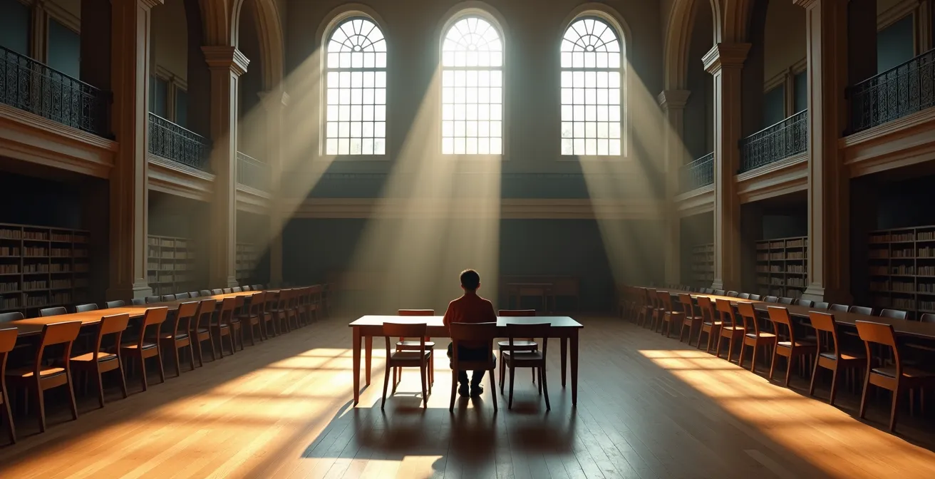 Environnement d'étude minimaliste avec un élève seul dans une grande bibliothèque