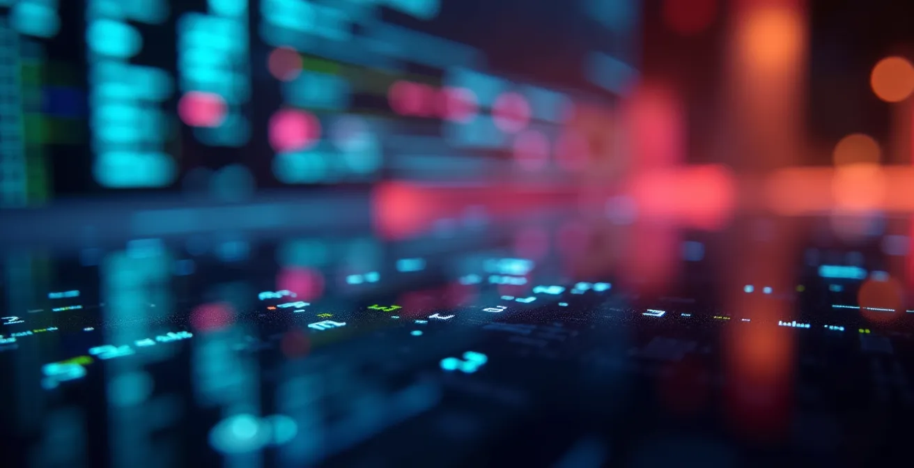 Vue macro de code sur écran avec reflets colorés et profondeur de champ