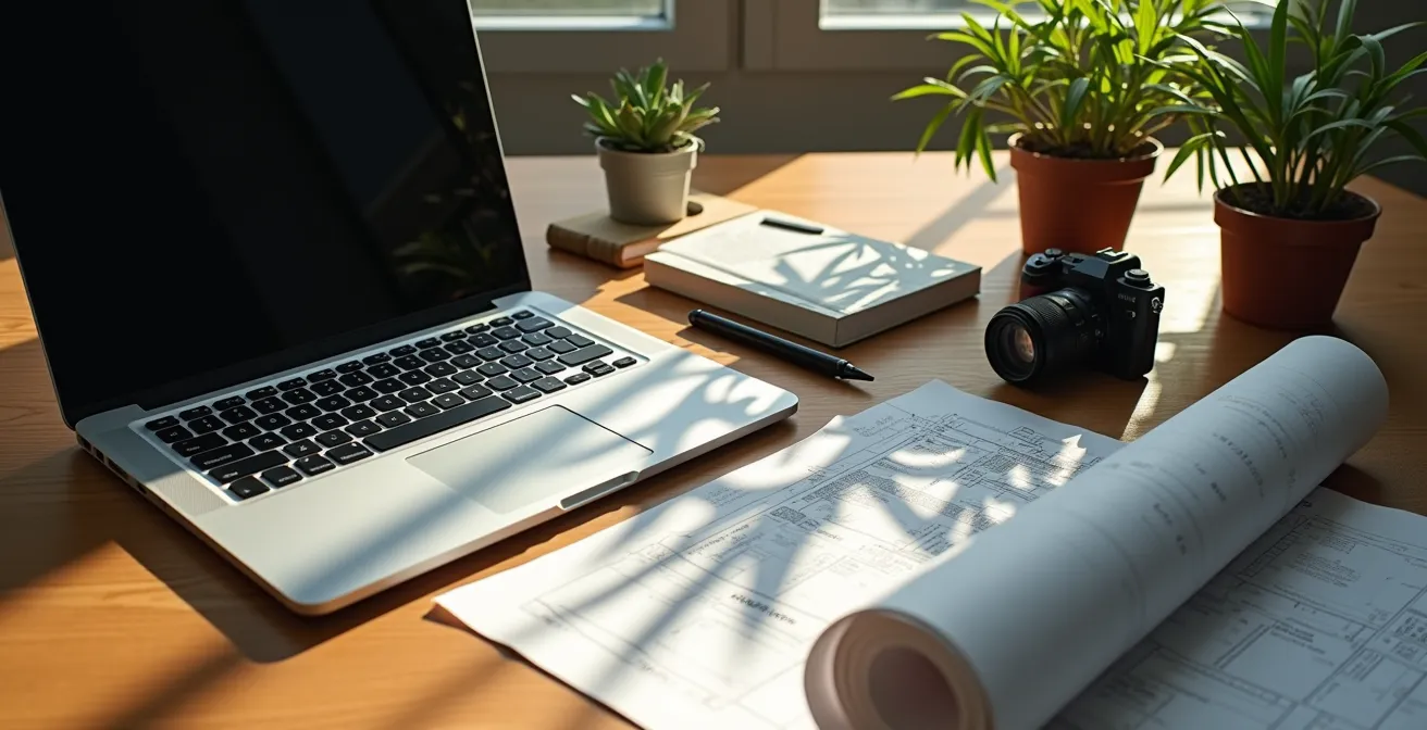 Portfolio professionnel ouvert montrant des projets et réalisations variés