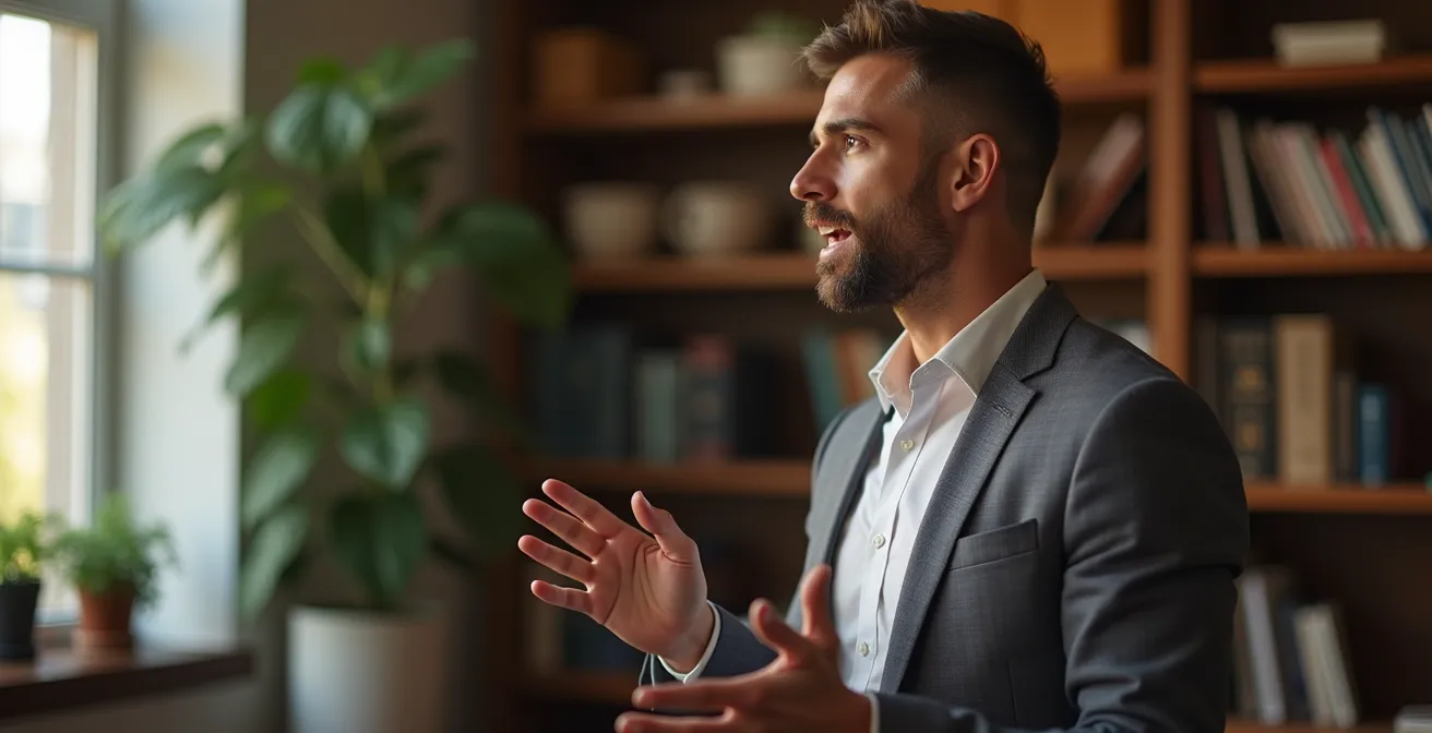 Candidat en préparation d'oral de langue vivante avec expressions faciales confiantes
