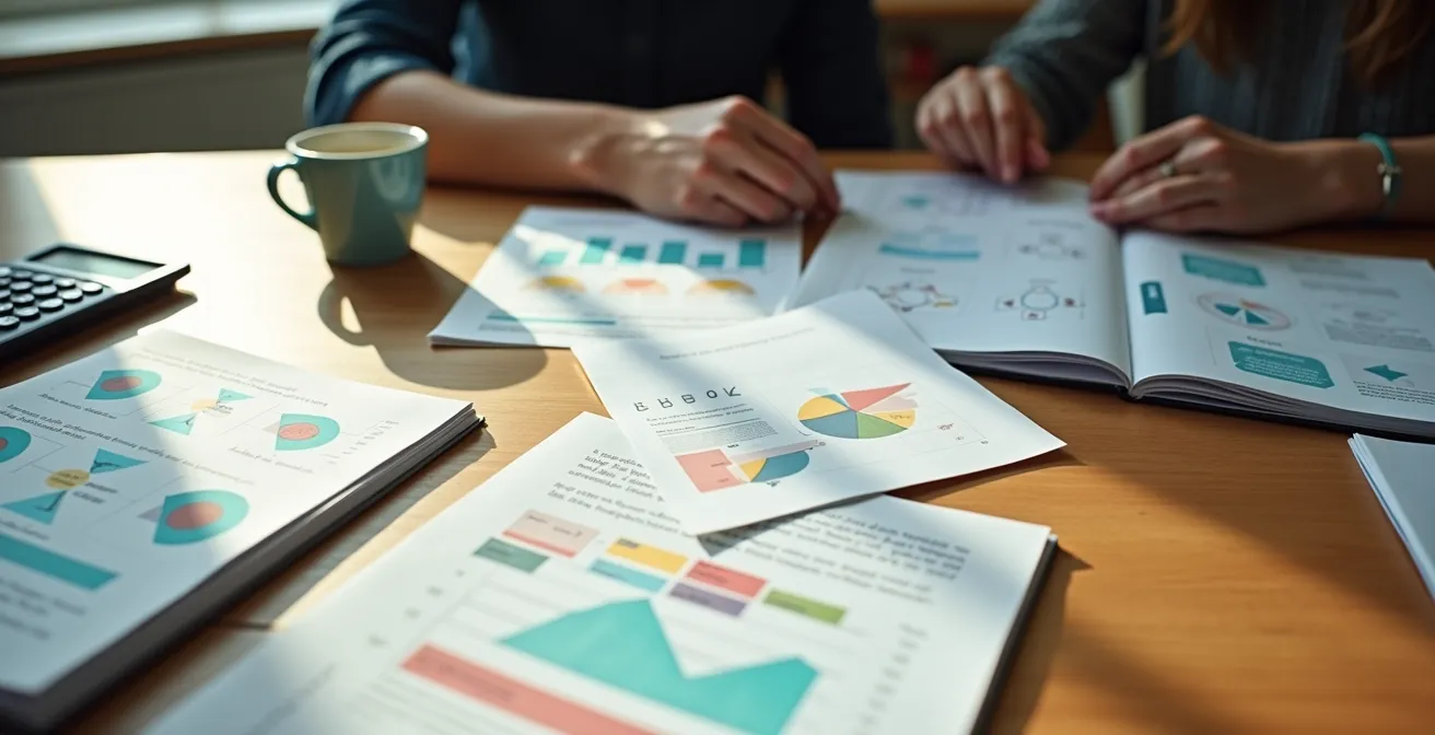 Vue aérienne d'un étudiant travaillant sur plusieurs documents étalés sur une grande table