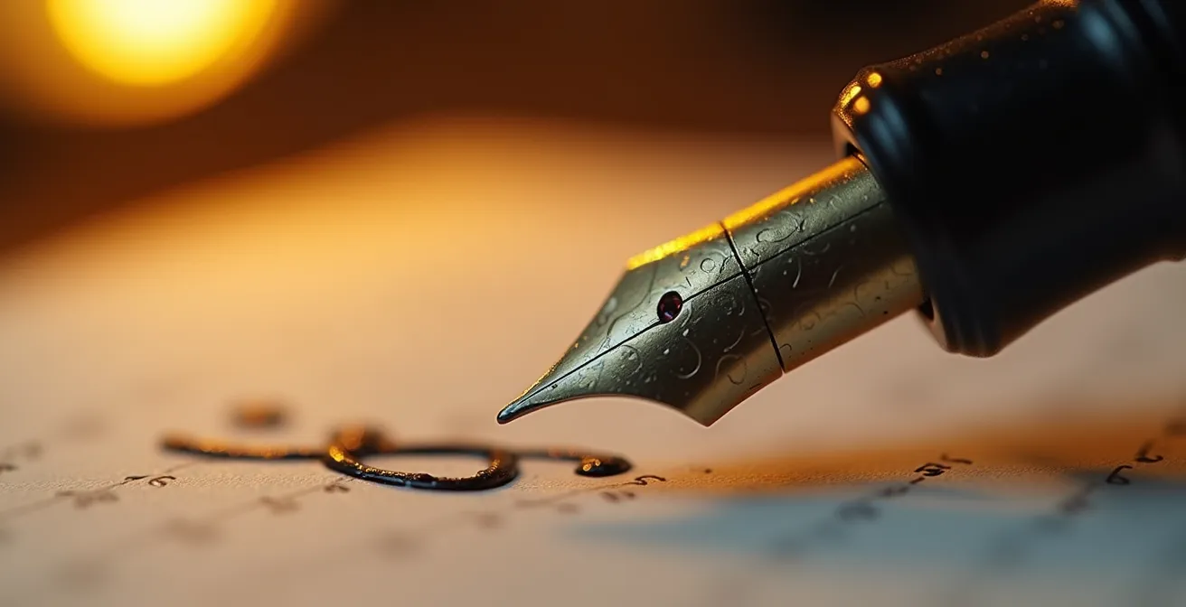 Vue macro d'une plume sur papier avec notes manuscrites floues