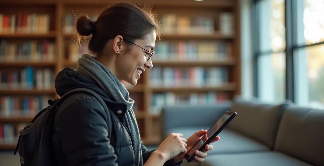Étudiant consultant une application de réservation de salle sur tablette dans une bibliothèque