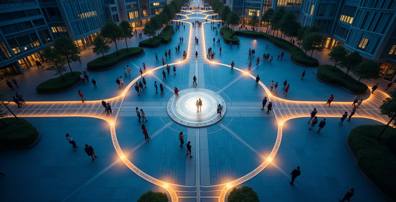 Vue aérienne d'un réseau de chemins lumineux convergeant vers un point central dans un environnement urbain moderne